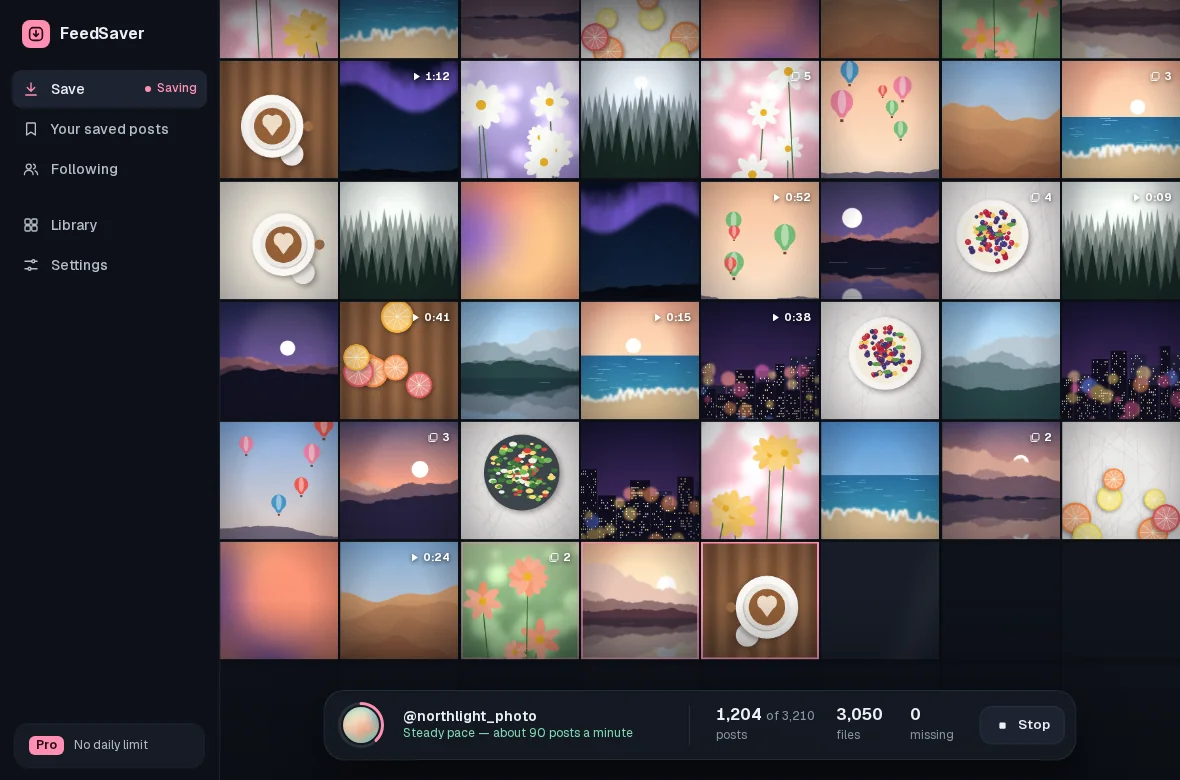 A wall of photos filling in while an account is saved, with a bar showing 1,204 of 3,210 posts, 3,050 files, 0 missing and a Stop button.